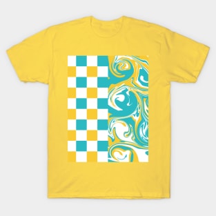 Checks and Swirls in Turquoise, Yellow, and White T-Shirt